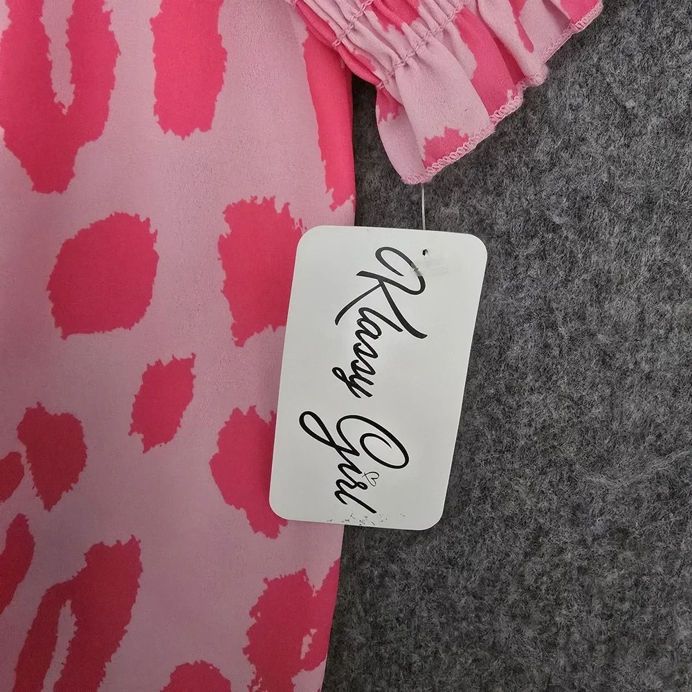 BiBi Blouse Womens M Pink Leopard Print Puff Sleeve‎ Smocked V Neck Tunic Top - Picture 5 of 11